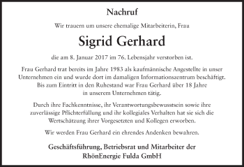 Traueranzeige von Sigrid Gerhard 