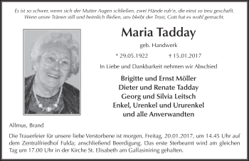 Traueranzeige von Maria Tadday 