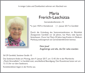 Traueranzeige von Maria Frerich-Laschütza 
