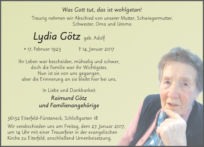  Traueranzeige für Lydia Götz vom 24.01.2017 aus 
