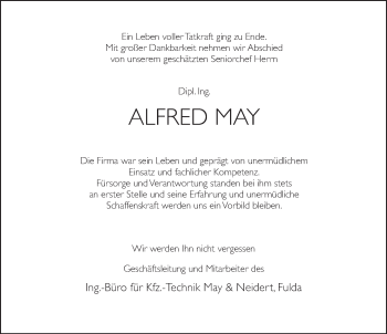 Traueranzeige von Alfred May 