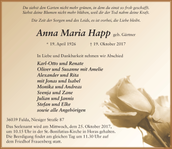 Traueranzeige von Anna Maria Happ von Fuldaer Zeitung