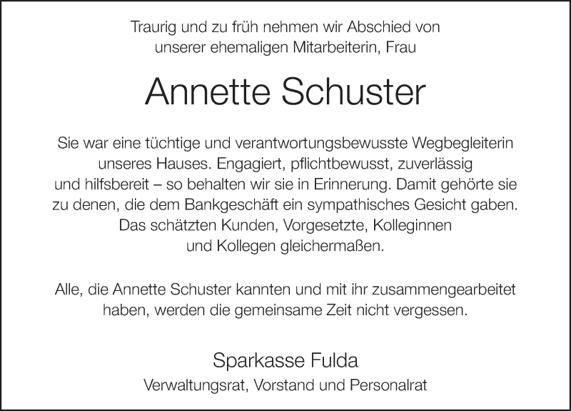  Traueranzeige für Annette Schuster vom 26.10.2017 aus 