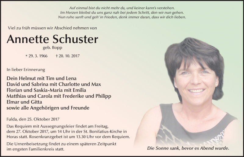  Traueranzeige für Annette Schuster vom 25.10.2017 aus 