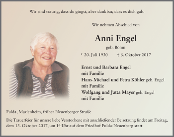 Traueranzeige von Anni Engel 
