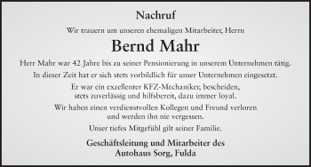 Traueranzeige von Bernd Mahr 
