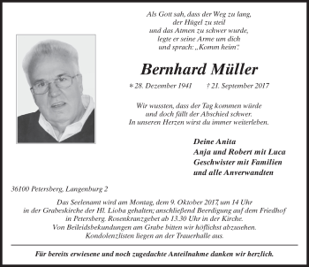 Traueranzeige von Bernhard Müller 