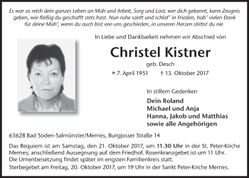 Traueranzeige von Christel Kistner 