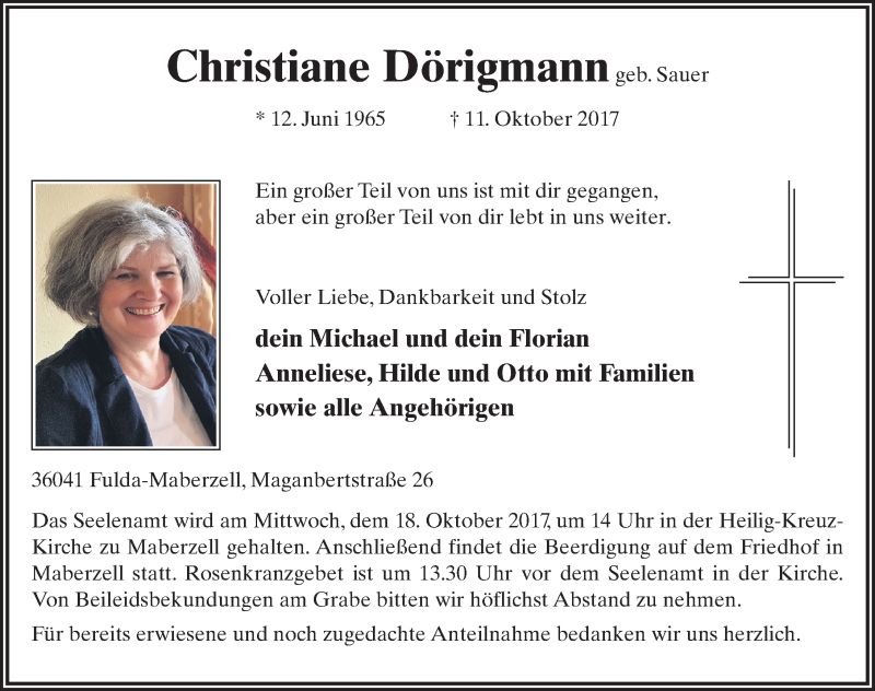  Traueranzeige für Christiane Dörigmann vom 17.10.2017 aus 
