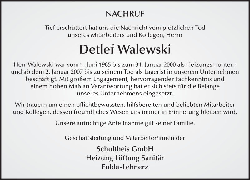  Traueranzeige für Detlef Walewski vom 25.10.2017 aus 