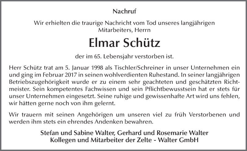  Traueranzeige für Elmar Schütz vom 28.10.2017 aus 