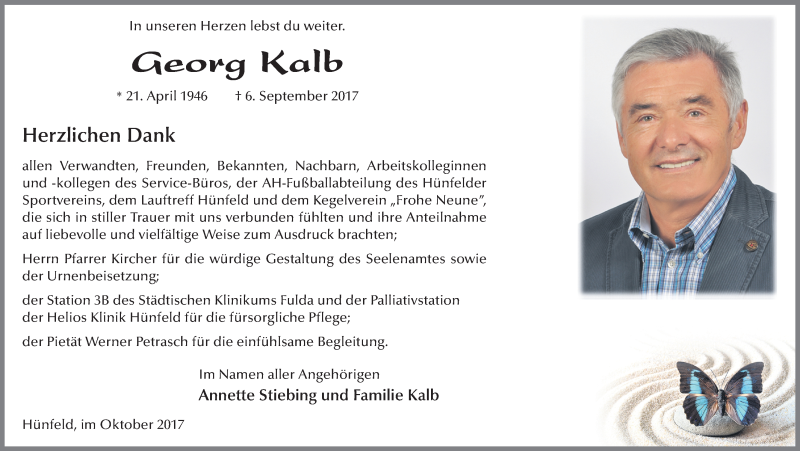  Traueranzeige für Georg Kalb vom 07.10.2017 aus 