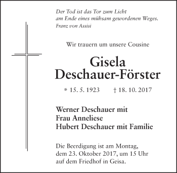Traueranzeige von Gisela Deschauer-Förster von Fuldaer Zeitung