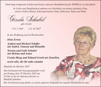 Traueranzeige von Gisela Schabel 