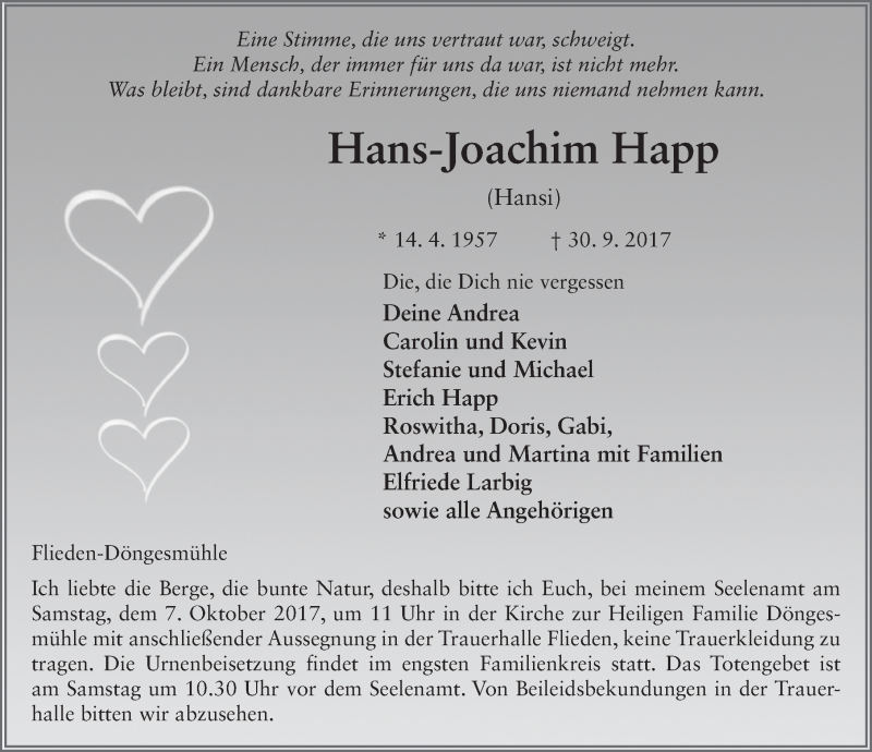  Traueranzeige für Hans-Joachim Happ vom 04.10.2017 aus 