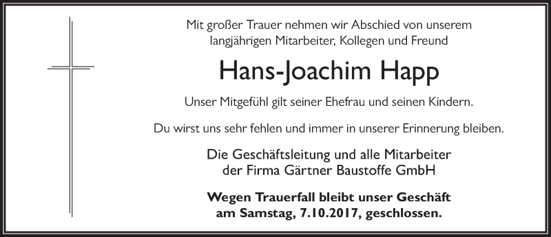  Traueranzeige für Hans-Joachim Happ vom 04.10.2017 aus 