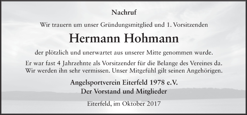  Traueranzeige für Hermann Hohmann vom 18.10.2017 aus 