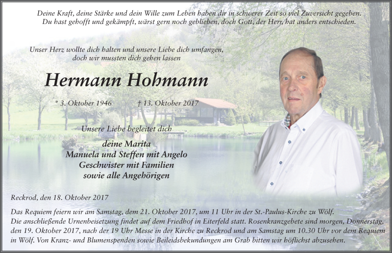  Traueranzeige für Hermann Hohmann vom 18.10.2017 aus 