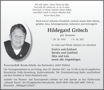 Traueranzeige von Hildegard Grösch 