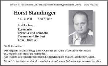 Traueranzeige von Horst Staudinger 