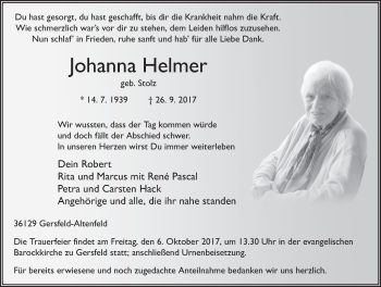 Traueranzeige von Johanna Helmer 