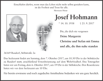 Traueranzeige von Josef Hohmann 
