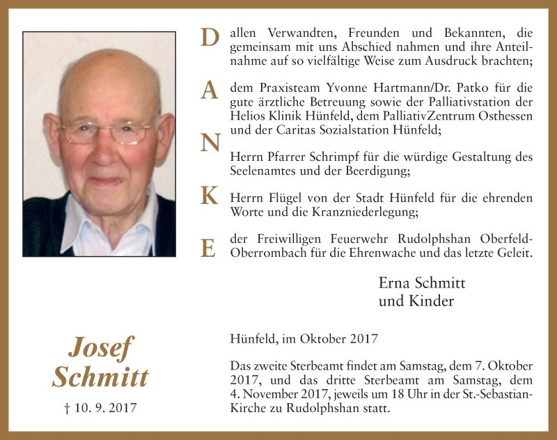  Traueranzeige für Josef Schmitt vom 05.10.2017 aus 