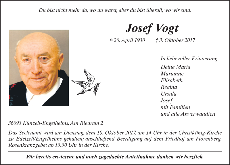  Traueranzeige für Josef Vogt vom 07.10.2017 aus 