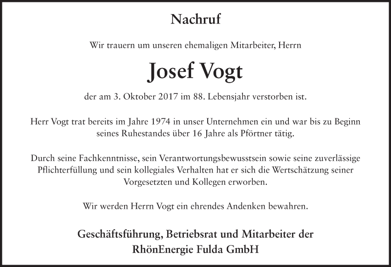  Traueranzeige für Josef Vogt vom 12.10.2017 aus 