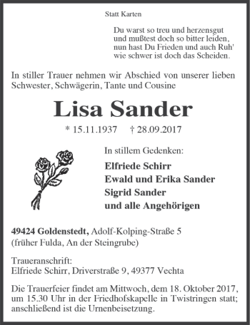 Traueranzeige von Lisa Sander 