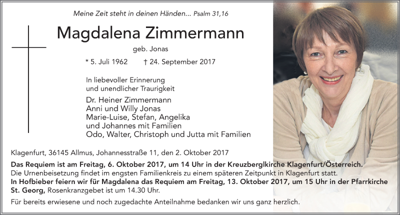  Traueranzeige für Magdalena Zimmermann vom 02.10.2017 aus 