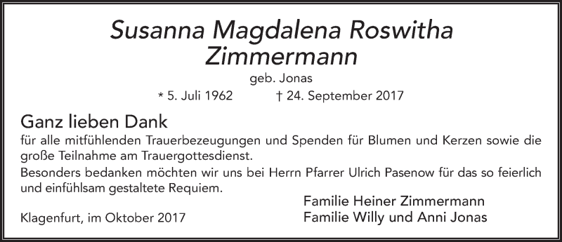  Traueranzeige für Magdalena Zimmermann vom 20.10.2017 aus 