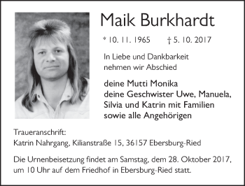 Traueranzeige von Maik Burkhardt 