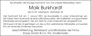 Traueranzeige von Maik Burkhardt 