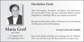 Traueranzeige von Maria Greif von Fuldaer Zeitung