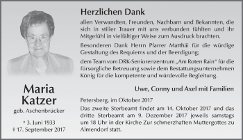 Traueranzeige von Maria Katzer 