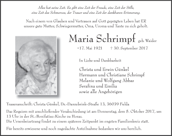 Traueranzeige von Maria Schrimpf 