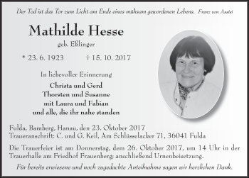 Traueranzeige von Mathilde Hesse 