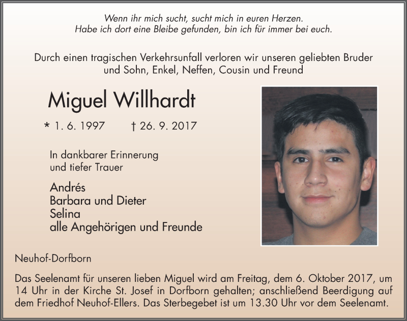  Traueranzeige für Miguel Willhardt vom 04.10.2017 aus 