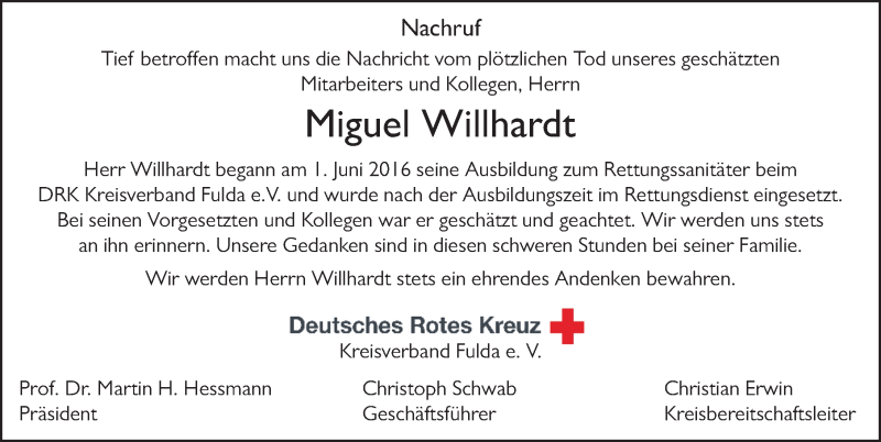  Traueranzeige für Miguel Willhardt vom 04.10.2017 aus 