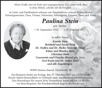 Traueranzeige von Paulina Stein 