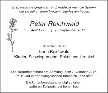 Traueranzeige von Peter Reichwald 