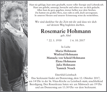 Traueranzeige von Rosemarie Hohmann 