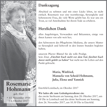 Traueranzeige von Rosemarie Hohmann 