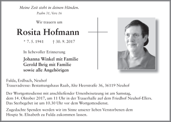 Traueranzeige von Rosita Hofmann 