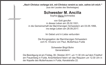 Traueranzeige von Schwester M. Ancilla 