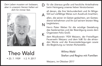 Traueranzeige von Theo Wald 