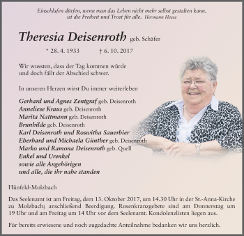 Traueranzeige von Theresia Deisenroth 