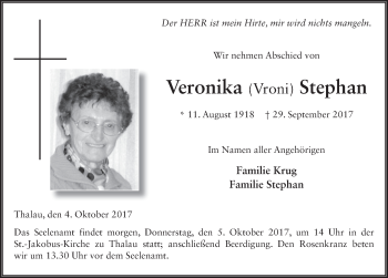 Traueranzeige von Veronika Stephan 