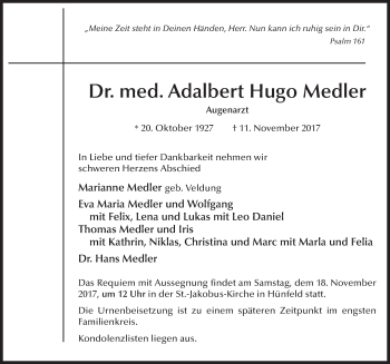 Traueranzeige von Adalbert Hugo Medler 